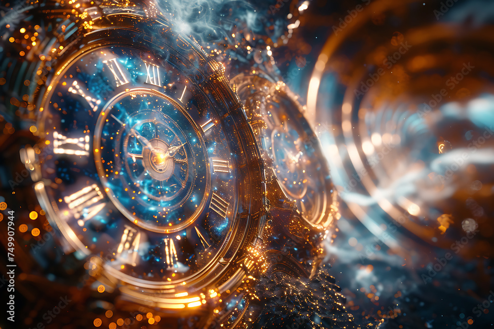 concept of time and clock ,The universe intertwined several timelines, a multiverse in creative style , a multiverse