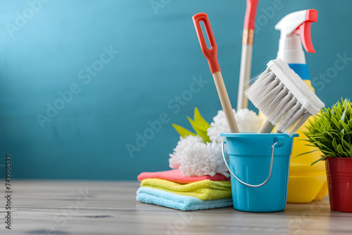 House cleaning tools, special products. Banner template for house cleaning, spring cleaning with copyspace photo
