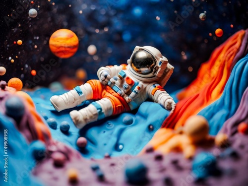 Plasticine astronaut floating in space with stars and a distant planet, for education and science concept