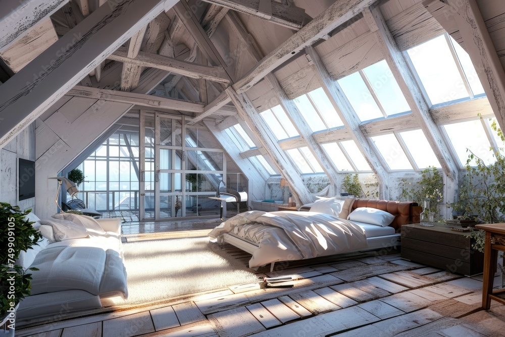 Cozy Loft Bedroom: Modern Attic Interior Design with Rustic Charm