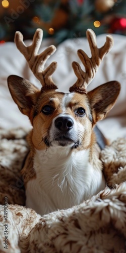 Cozy Christmas Canine: Adorable Terrier with Reindeer Antlers Lounging at Home photo