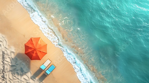 Top view of Beach scene with a parasol  beach chair  and surfboard on a sunny shoreline with copy space on left side