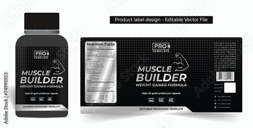 Muscle builder capsules label design, weight gainer supplement label design with jar mockup, whey protein gym product label design premium pills capsule label premium quality editable file