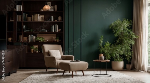 Elegant modern living space with dark wood, muted tones, and lush green plants 