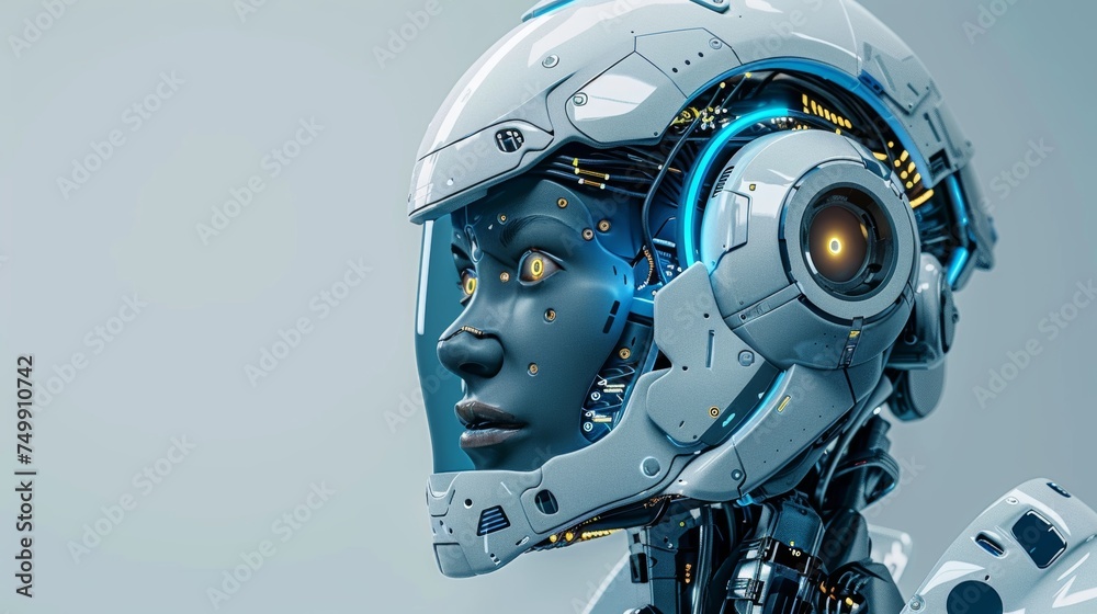 Fototapeta premium Futuristic humanoid ai robot woman on digital abstract background, cyborg android concept