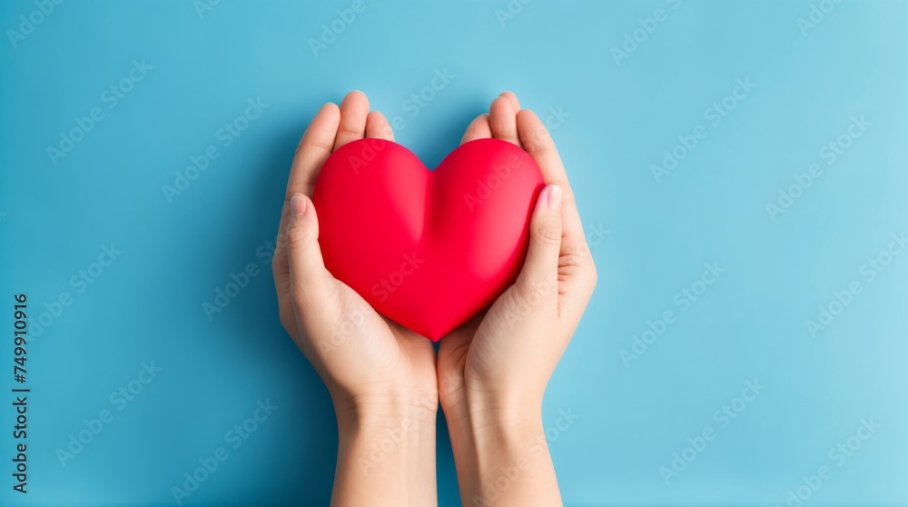 Embracing hands around a red heart against a blue background Embracing hands around a red heart against a blue background