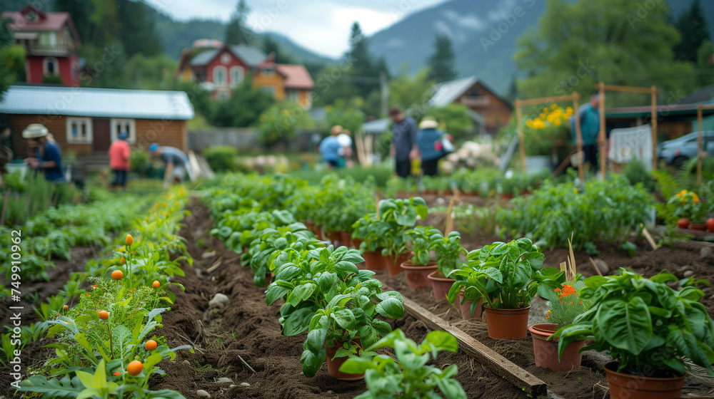 An expansive community garden blooms with a variety of plants and flowers, showcasing sustainable urban agriculture in a residential area.. An expansive community garden blooms with a variety of plants and flowers, showcasing sustainable urban agriculture in a residential area..