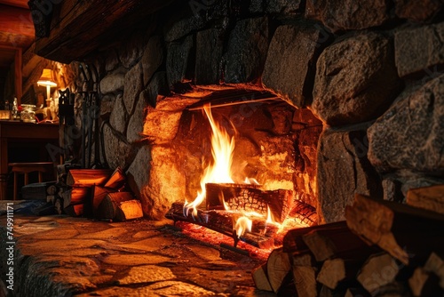 Cozy Hearth: Warm Home with Burning Fire in Fireplace