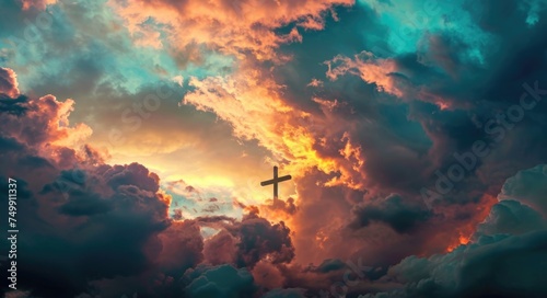 Divine Sunset: Christian Cross Silhouette on Colorful Clouds © AIGen
