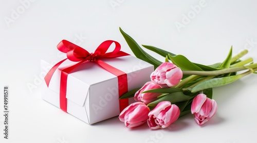 Beautiful gift box and pink tulip flowers on white background.international women's day