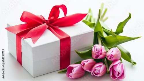 Beautiful gift box and pink tulip flowers on white background.International women's day © kamonrat