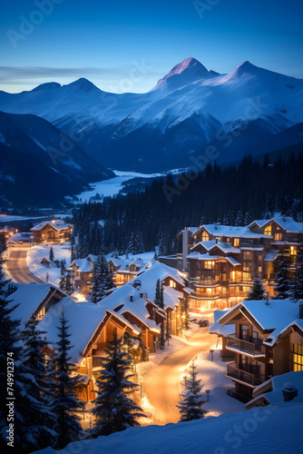 Twinkling Dusk at a Snowy British Columbia Ski Resort Amidst Majestic Mountain Ranges