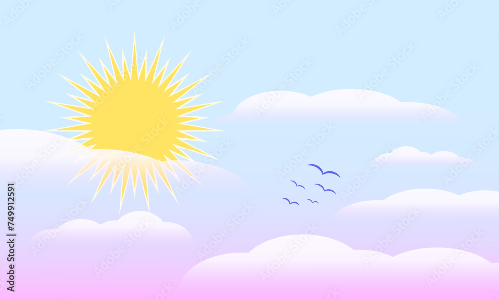 A simple and beautiful vector illustration of a sky landscape with clouds, flying birds, and a bright sun A simple and beautiful vector illustration of a sky landscape with clouds, flying birds, and a bright sun