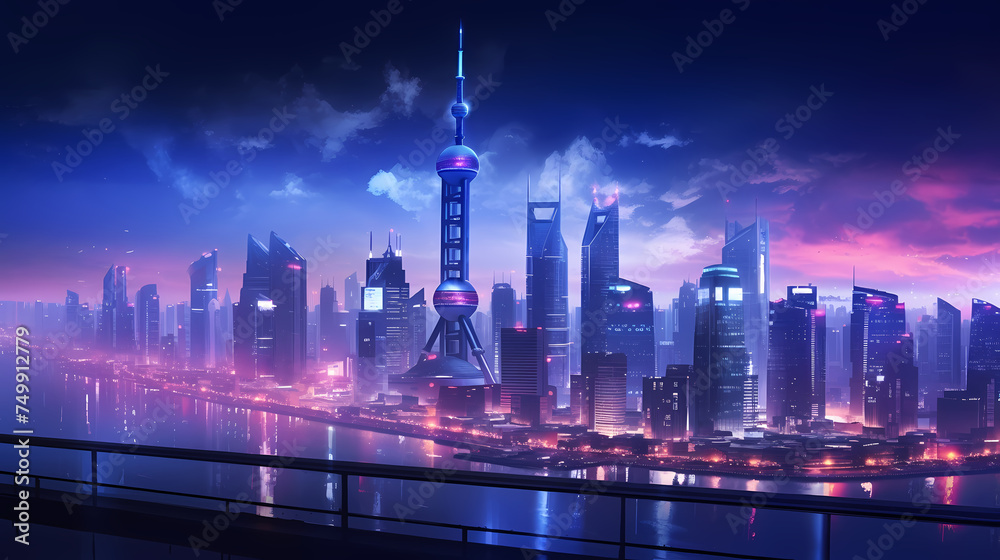 Obraz premium Panoramic night view of bustling city skyline and skyscrapers