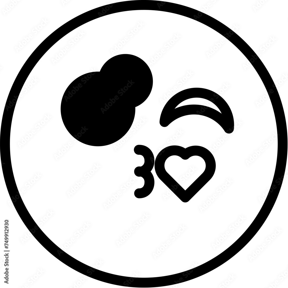 Circle Emoji winks eye and sends an air kiss, birthday party symbol. Outline of festive circle emoji winks for design of children entertainment center. Simple linear icon isolated on white background Circle Emoji winks eye and sends an air kiss, birthday party symbol. Outline of festive circle emoji winks for design of children entertainment center. Simple linear icon isolated on white background