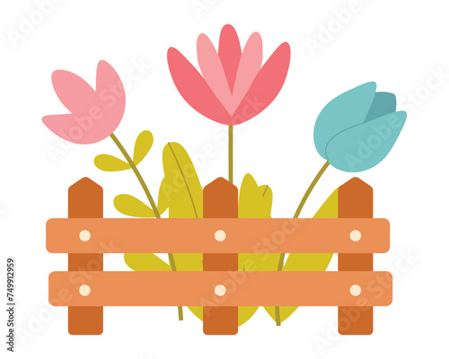 Cute simple spring flowers behind the fence isolated on white background. Flat style vector illustration