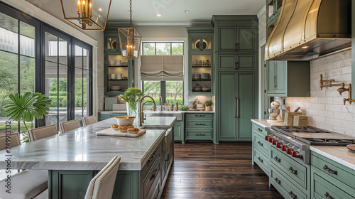 Elegant Green-Themed Kitchen Interior with Modern Appliances and Wooden Accents