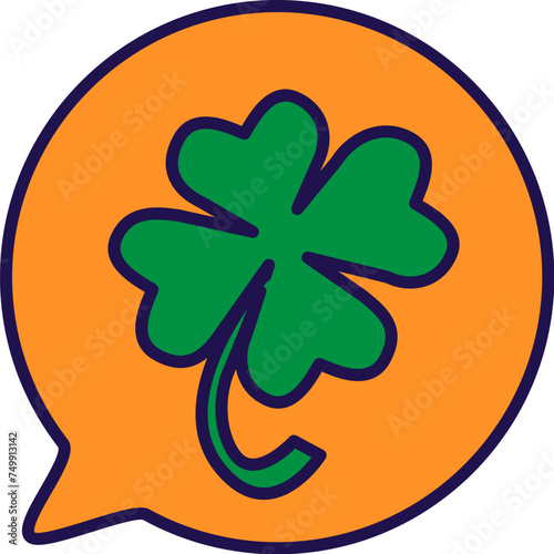 Symbol of green four leaf clover inside talking bubble, good luck wishes. Traditional festive element, attributes of St. Patrick Day. Cartoon vector icon in national colors of Irish flag