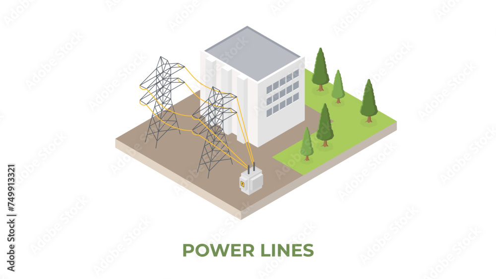 Power plant, energy station, green village supply cycle infographic concept. Flat 3d isometry isometric style web site vector illustration. Ecology eco lifestyle sustainable world collection.