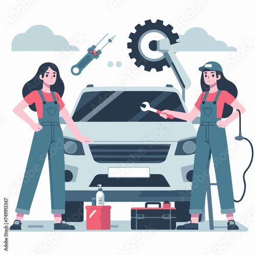 flat design illustration of female car repair shop mechanic