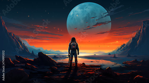 A vector image of an astronaut exploring an alien planet.