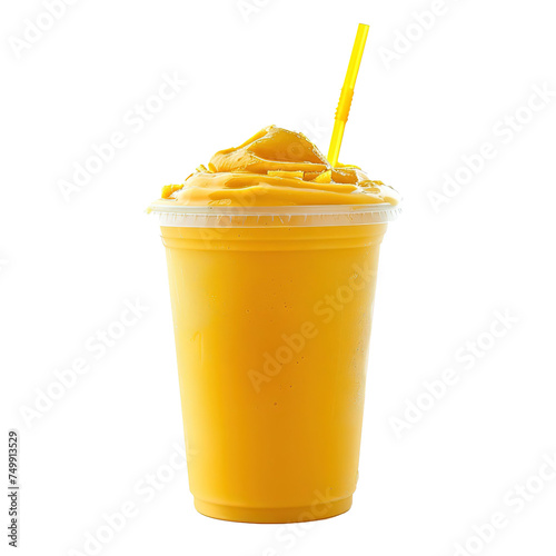 Fresh gourmet mango smoothie in a large transparent glass isolated on white background.