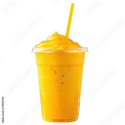 Fresh gourmet mango smoothie in a large transparent glass isolated on white background.