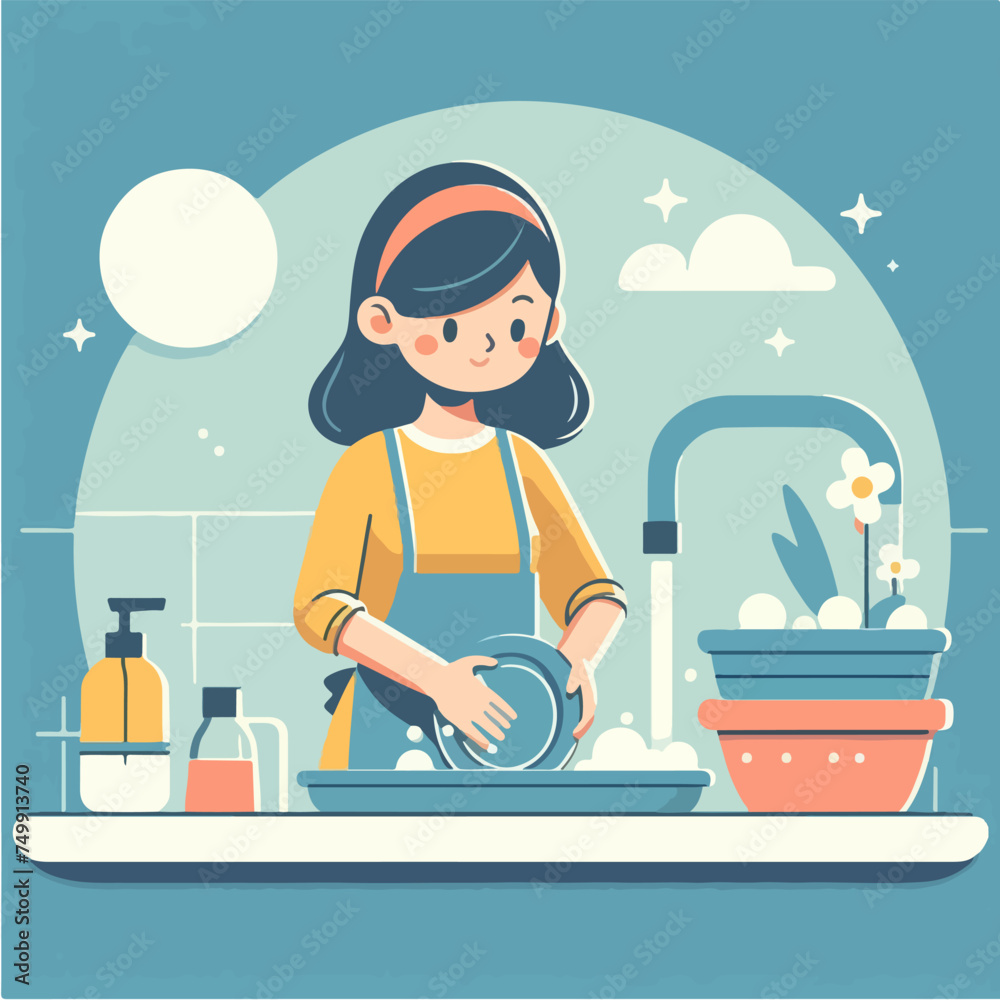 flat design illustration of woman washing dishes flat design illustration of woman washing dishes