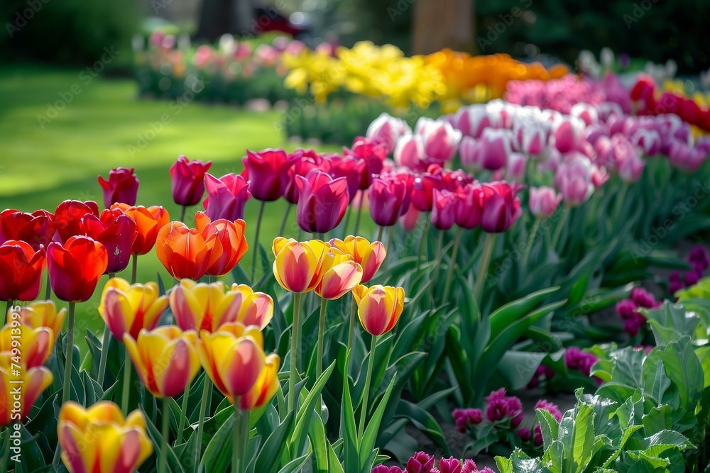 beautiful scenic garden with different color tulips in flower beds, each flowerbed has different color beautiful scenic garden with different color tulips in flower beds, each flowerbed has different color