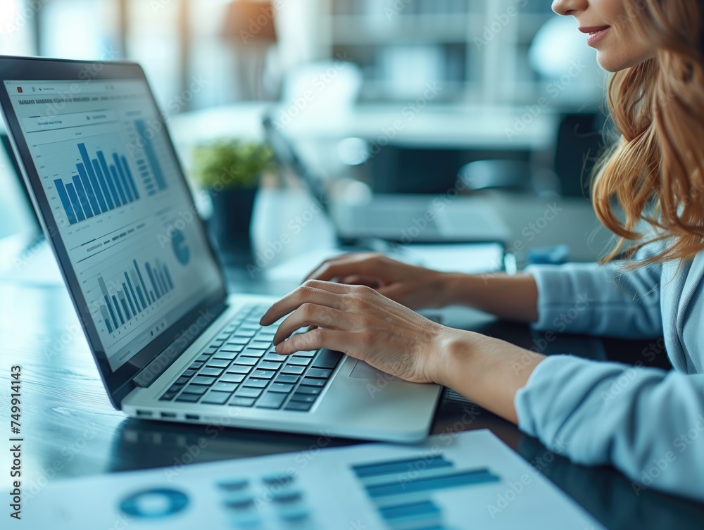 Young business woman working on a laptop while sitting in a modern office analyzing graphs and work concepts in a small business. Young business woman working on a laptop while sitting in a modern office analyzing graphs and work concepts in a small business.