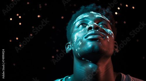 euphoric man in space  surreal scene  cerulean highlights  backlit
