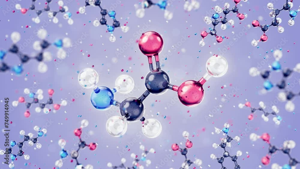 Molecule of Glycine — 3D Animation. A 3D model of a glycine amino acid representing in the form of a schematic molecular structure levitating among of other organic substances. 3D-rendering graphics.