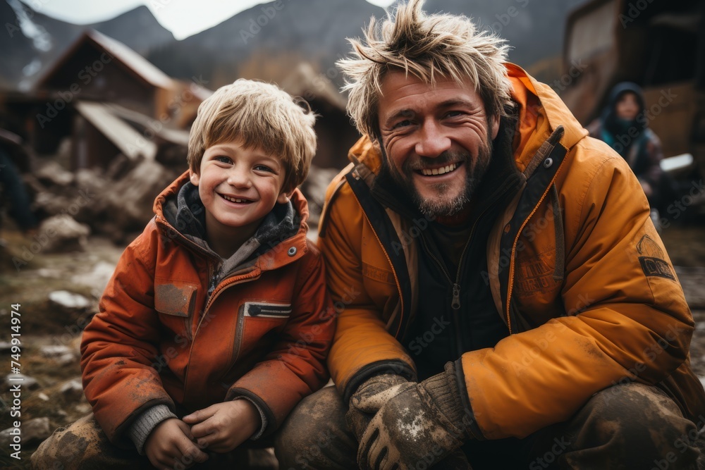 Father and son smiling happily on a mountain hike. Climbing action process in mountains.