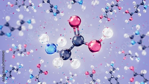 Molecule of Glycine — 3D Animation. A 3D model of a glycine amino acid representing in the form of a schematic molecular structure levitating among of other organic substances. 3D-rendering graphics.