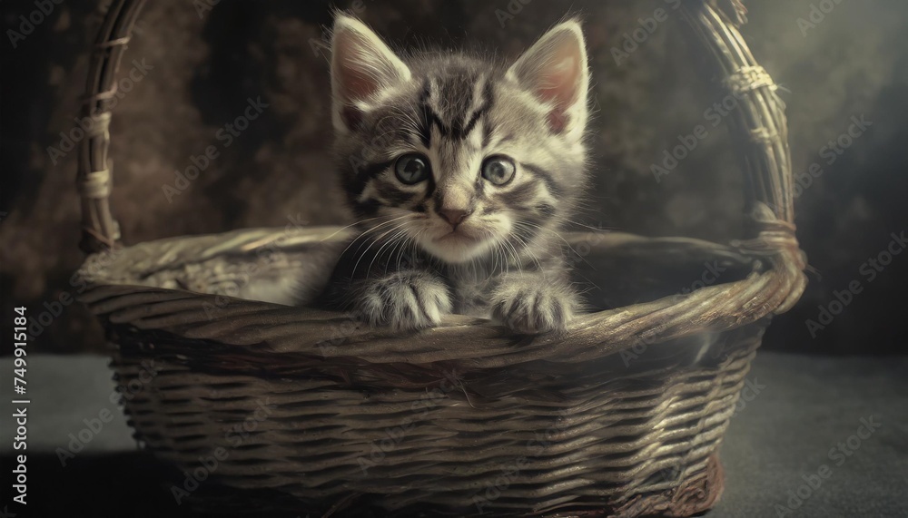 small striped kitten in the old basket