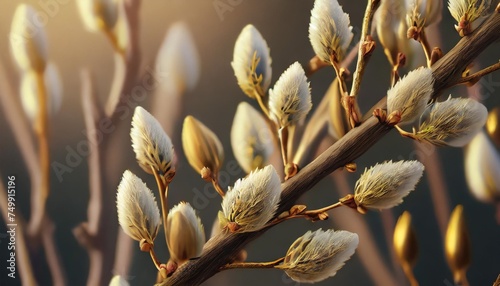close up of pussy willow branches neutral colors golden hour easter background