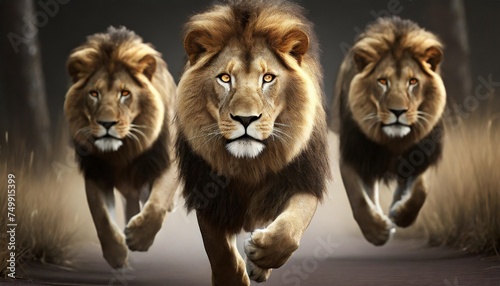 front shot of three fearsome adult lions running towards
