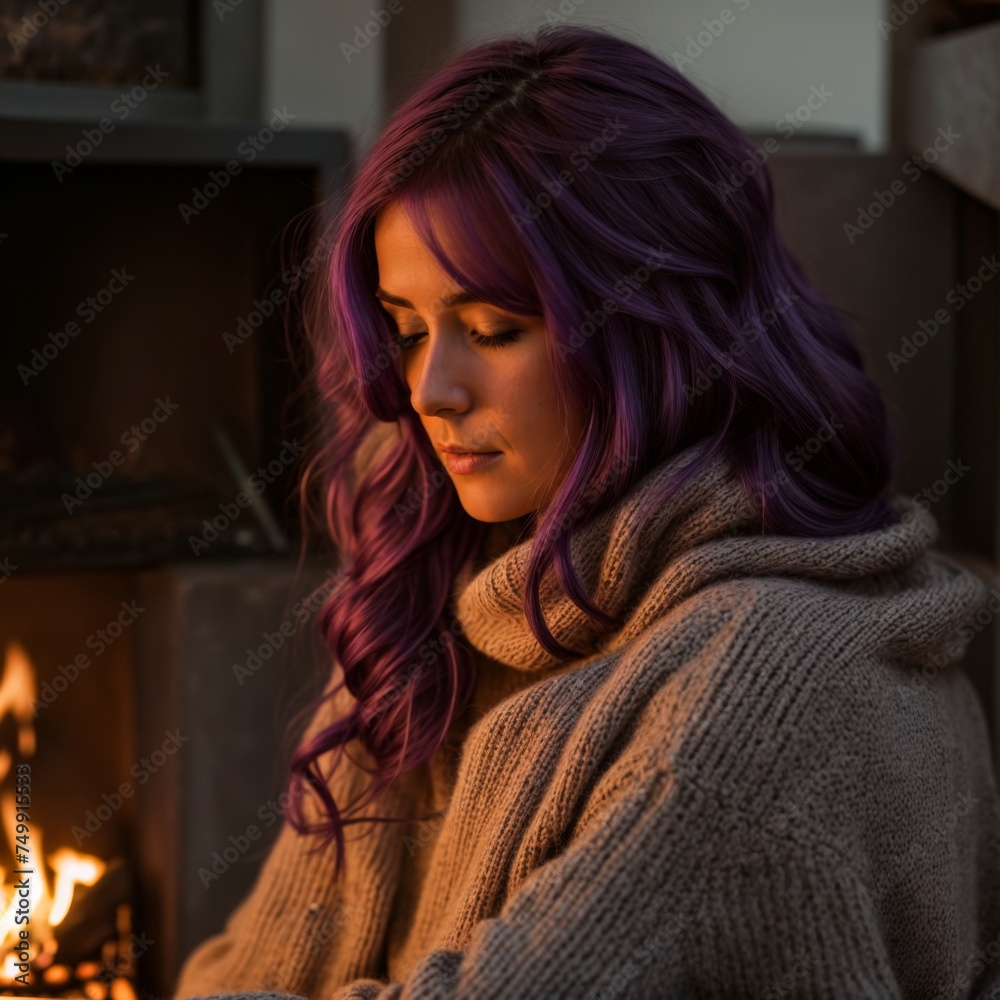 Gazing woman in snug sweater beside a warmly glowing hearth Gazing woman in snug sweater beside a warmly glowing hearth
