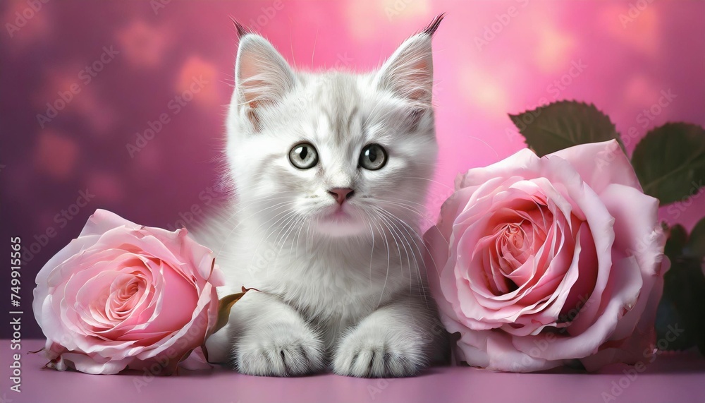 beautiful white kitten cat with pink rose and pink background