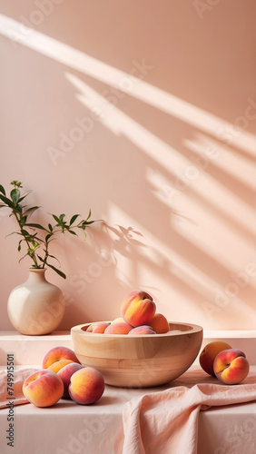 Minimal fruit concept made with juicy peaches in a wooden bamboo bowl against sunny coral wall with copy space. Bright peachy summer design.