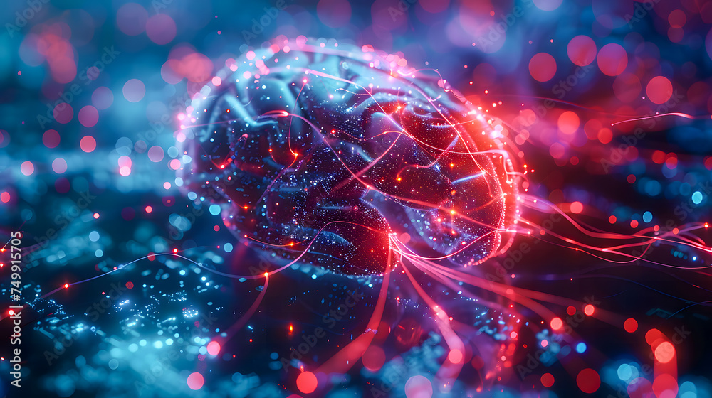 A translucent brain with neural network connections on a blue and red digital background.