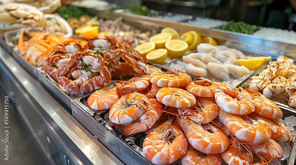 A seafood display featuring cooked prawns, lemons, and shellfish under bright market lights.