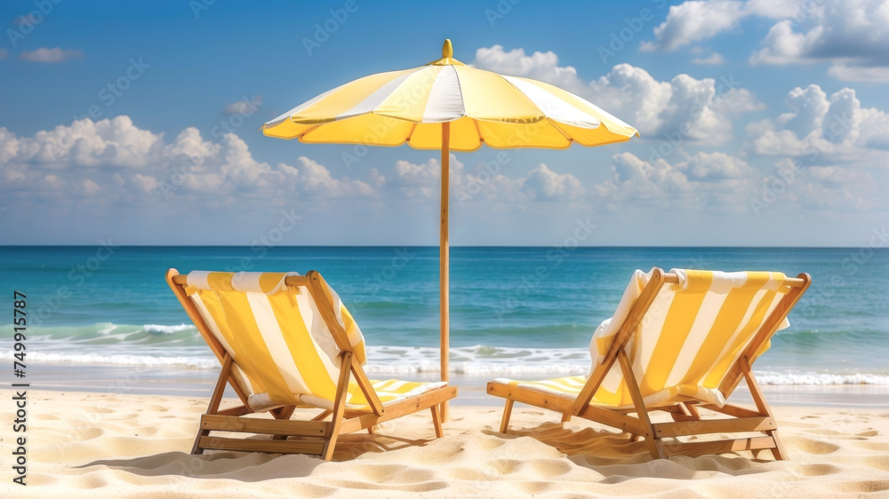Bright summer holiday concept made with two bold yellow beach chairs and sun umbrella on a sand beach. Relax and sunbath on a sunny day by the sea.