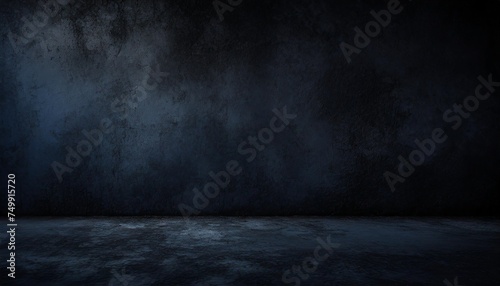 dark black concrete wall from abandoned house dark alley with imperfections and natural cement texture with blue tones as scary surface background texture with dark vignetting © Leila