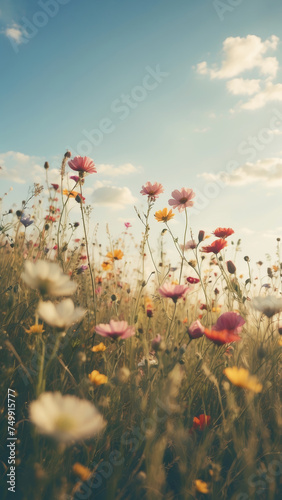 Relaxing floral nature background with bright blue sky and colorful wild flowers. Spring and summer blooming concept.