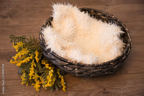 Basket with a background for a photo session of a baby.Basket for a newborn.
