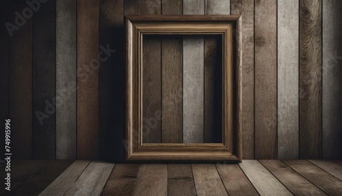 old wooden picture frame on the wall with wooden floor and wood background