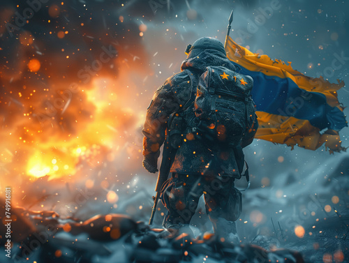 Ukrainian soldier of the territorial battalion during combat operations in fire and explosions. The concept of war and Russian attack on Ukraine. photo