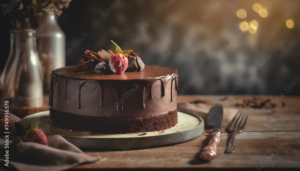 vegan chocolate cake displayed on wooden table focus on cake space for text