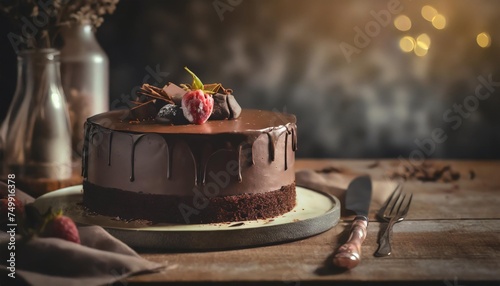 vegan chocolate cake displayed on wooden table focus on cake space for text